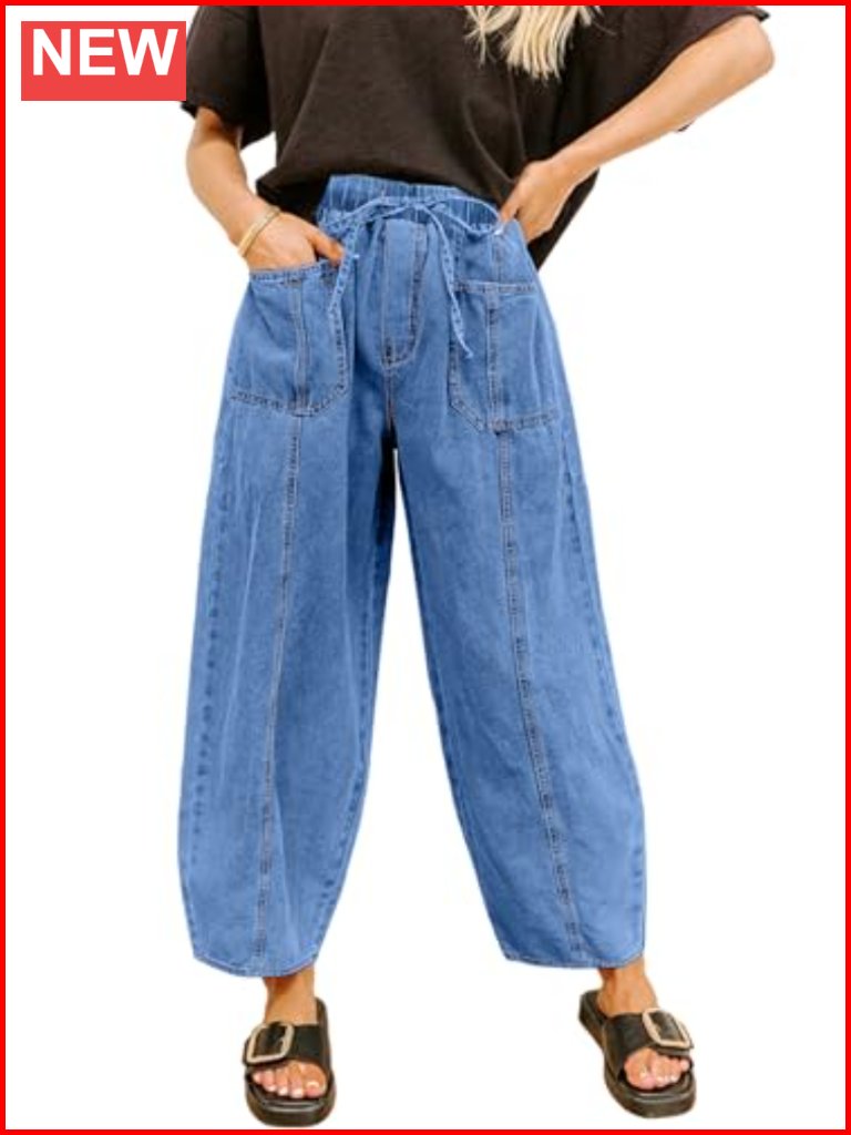 Wide Leg Baggy Barrel Jeans Elastic Waist Drawstring Front Seam Ankle High